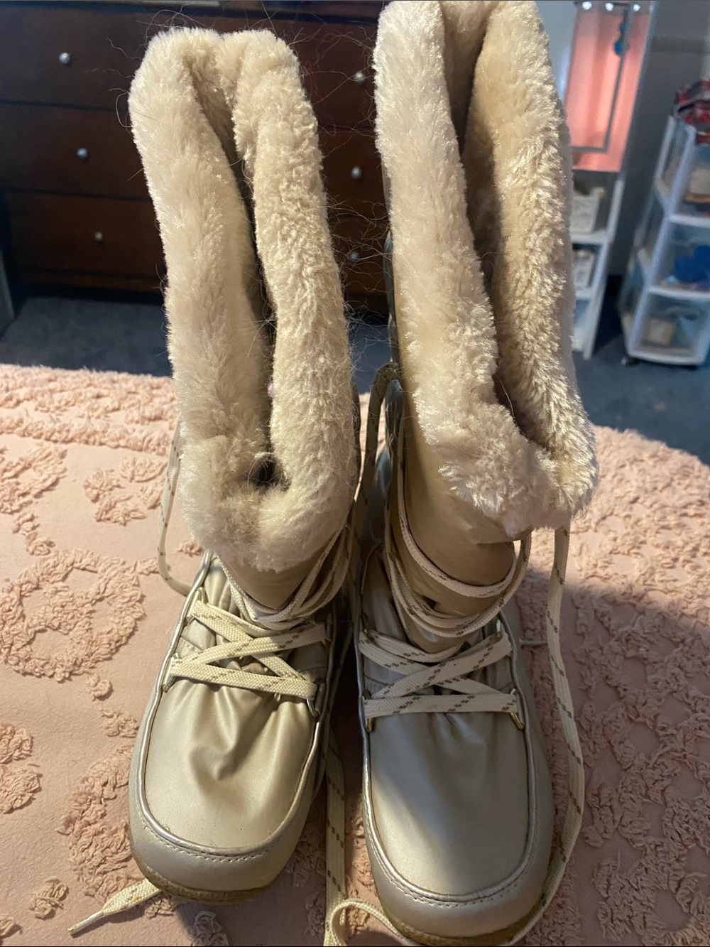 Sporto Cream Faux-Fur Lace-Up Winter Boots